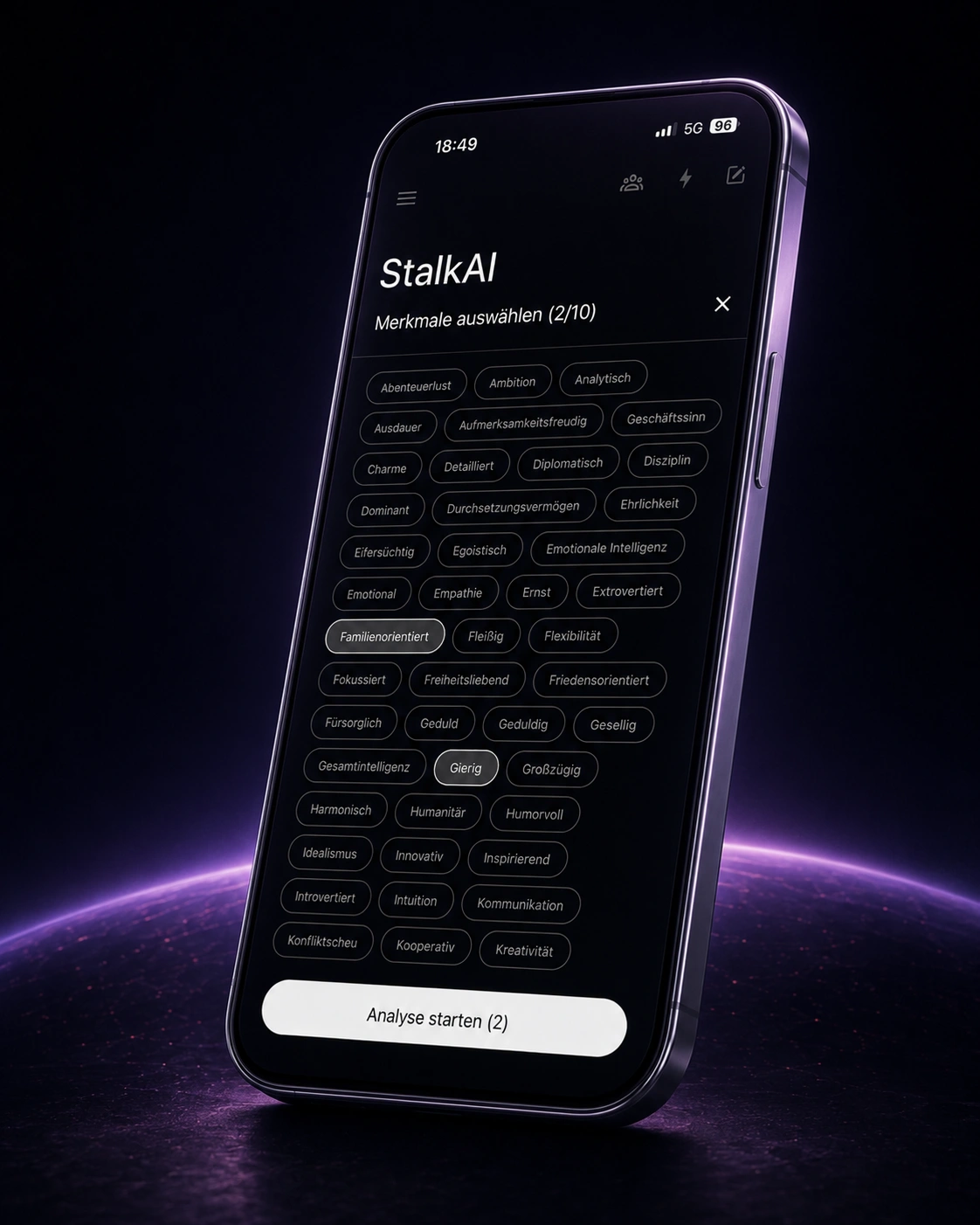 StalkAI characteristics screen